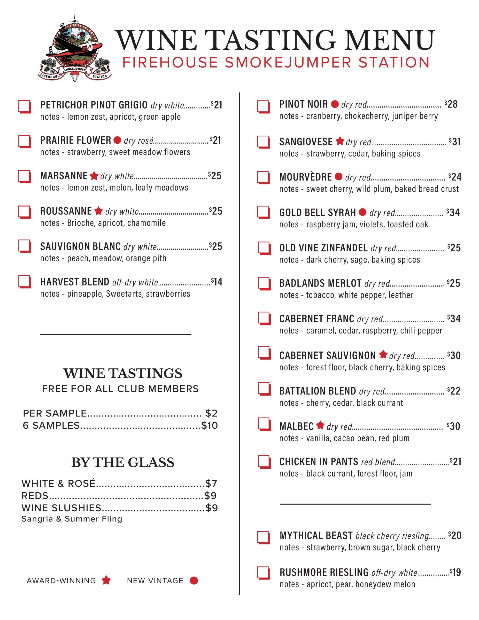 Firehouse Smokejumper Station Wine List Page 1 - June 2024