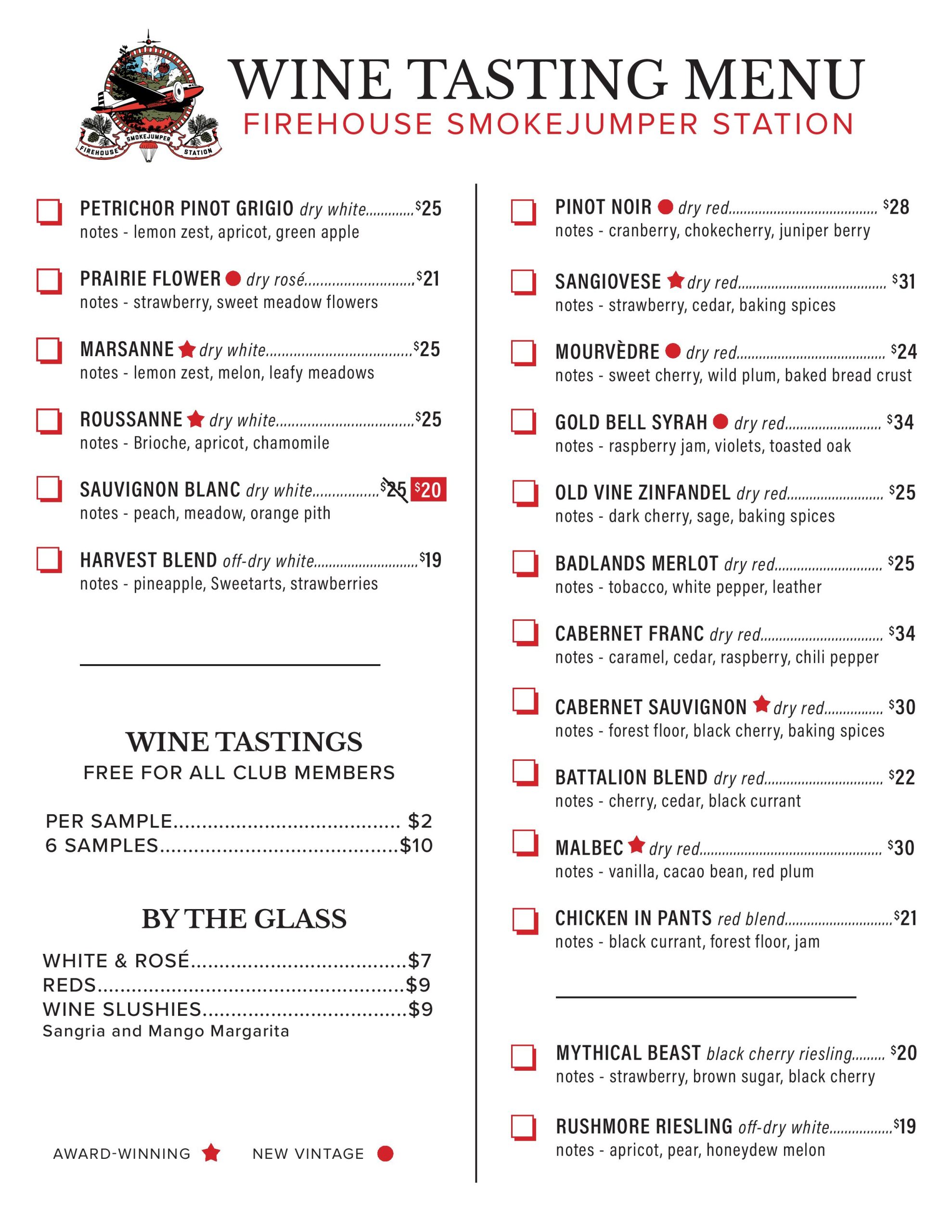 Firehouse Smokejumper Wine Tasting Sheet - August 2024